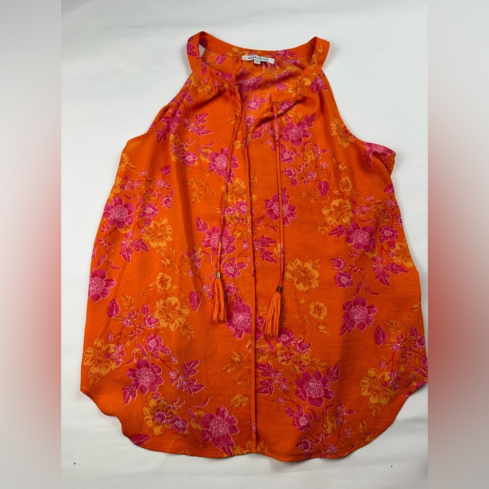 Rose & Olive orange/pink floral sleeveless v neck blouse with tie. size L